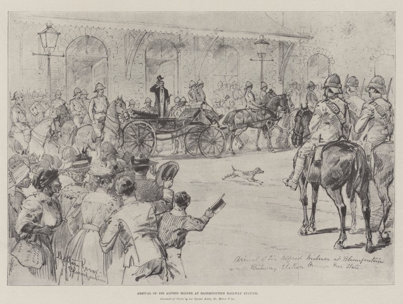 Sir Alfred Milner érkezése a Bloemfontein pályaudvarra alkotó: Melton Prior