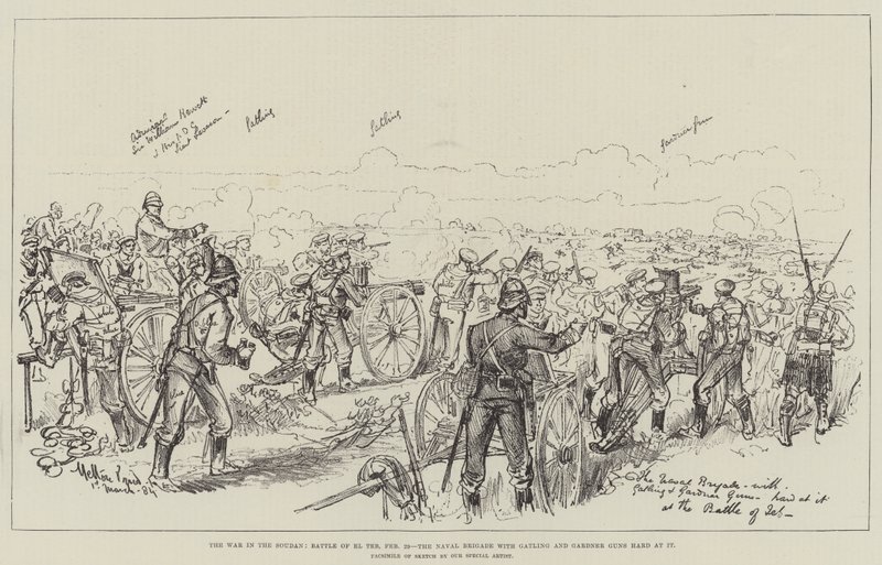 A Soudan-i háború, El Teb-i csata, február 29., a haditengerészeti brigád Gatling és Gardner fegyverekkel. alkotó: Melton Prior