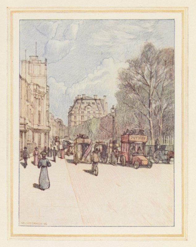 Piccadilly kelet felé (színes litográfia) alkotó: Nelson Dawson