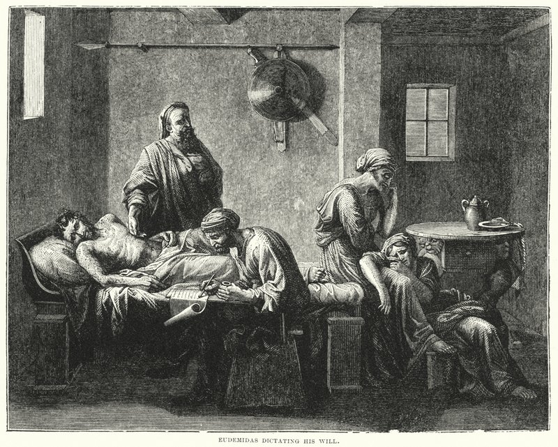 Eudemidas diktálja végrendeletét (metszet) alkotó: Nicolas (after) Poussin
