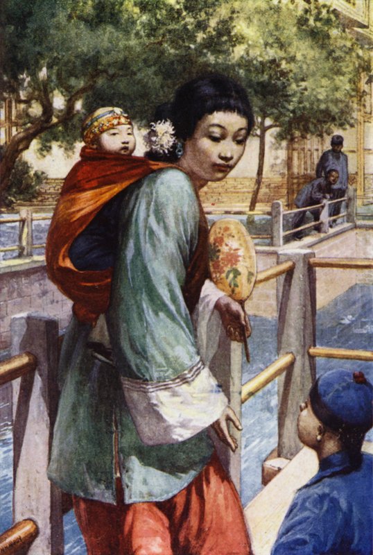 Kína: Lány és baba (színes litho) alkotó: Norman Hardy