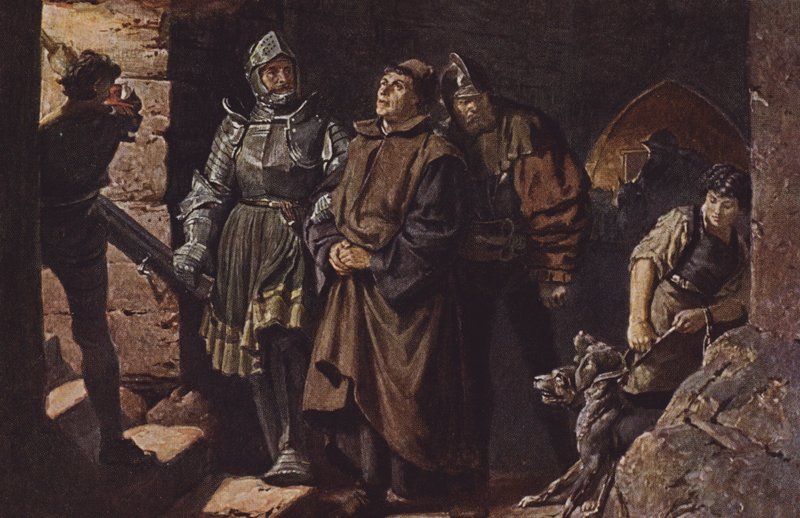 Hans von Berlepsch és Burckhardt Hund von Wenckheim elkísérik Luther Mártont a wartburgi kastélyba. alkotó: Friedrich Paul Thumann