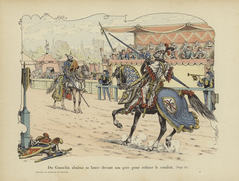Bertrand du Guesclin leengedi lándzsáját apja előtt, jelezve, hogy nem hajlandó harcolni ellene, Rennes, 1337 alkotó: Paul de Semant