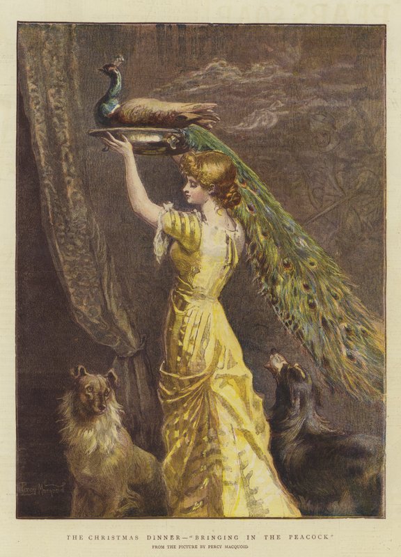 A karácsonyi vacsora, a páva behozatala (chromolitho) alkotó: Percy Macquoid