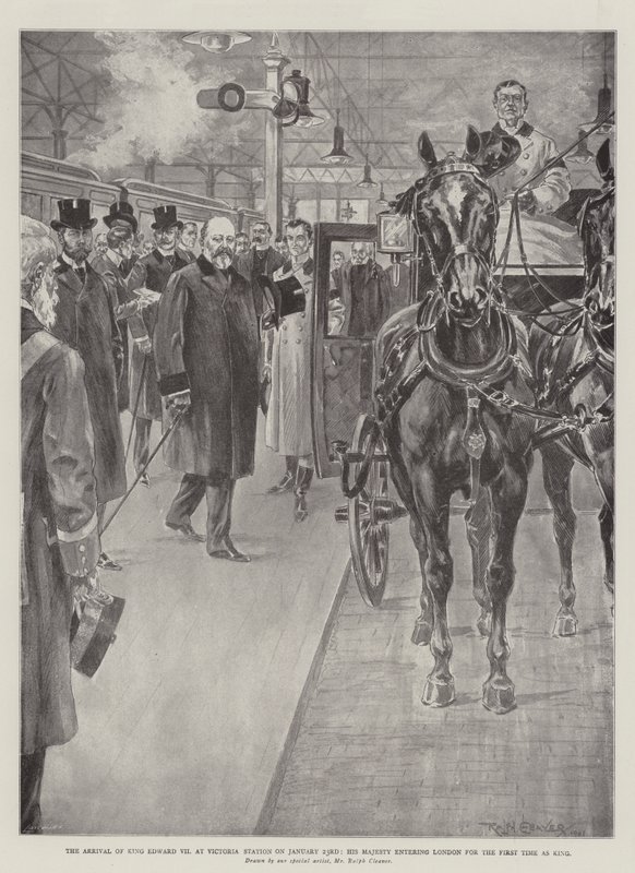 VII. Edward király érkezése a Victoria pályaudvarra január 23-án, Őfelsége királyként először lép be Londonba alkotó: Ralph Cleaver