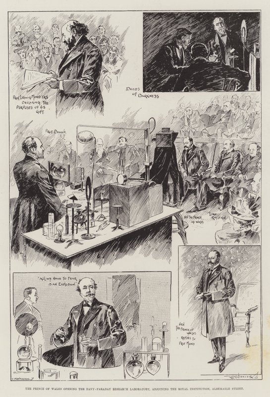 A walesi herceg megnyitja a Davy-Faraday kutatólaboratóriumot a Királyi Intézet mellett, az Albemarle Street-en. alkotó: Ralph Cleaver