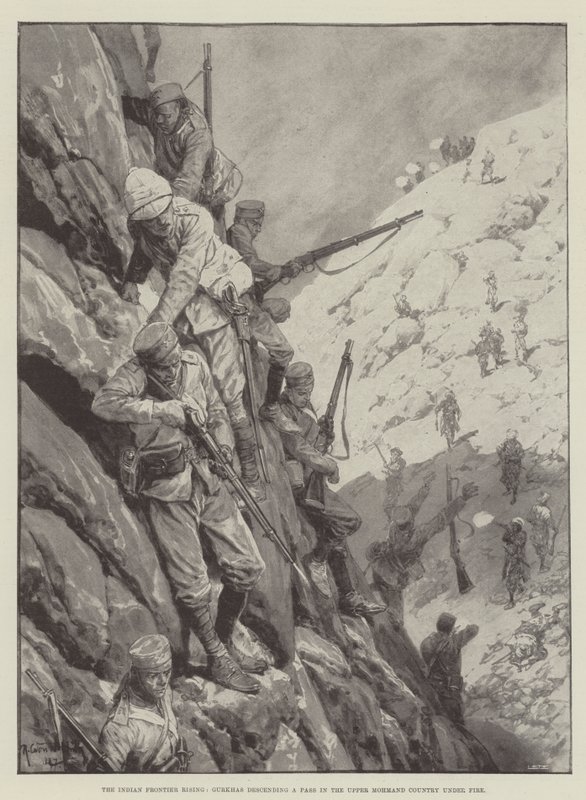 Az indiai határfelkelés, gurkák ereszkednek le egy hágón a felső mohmandi országban, tűz alatt. alkotó: Richard Caton Woodville junior