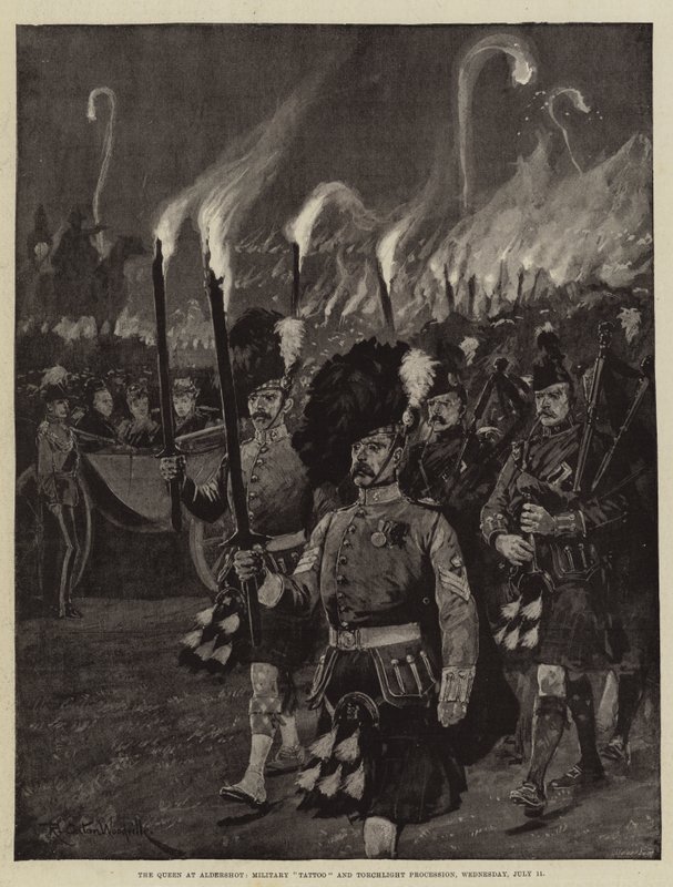 A királynő Aldershotban, katonai tetoválás és fáklyás felvonulás, július 11., szerda alkotó: Richard Caton Woodville junior