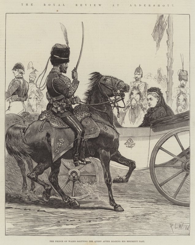 The Royal Review at Aldershott, a walesi herceg köszönti a királynőt, miután ezredének múltját vezette alkotó: Richard Caton Woodville junior