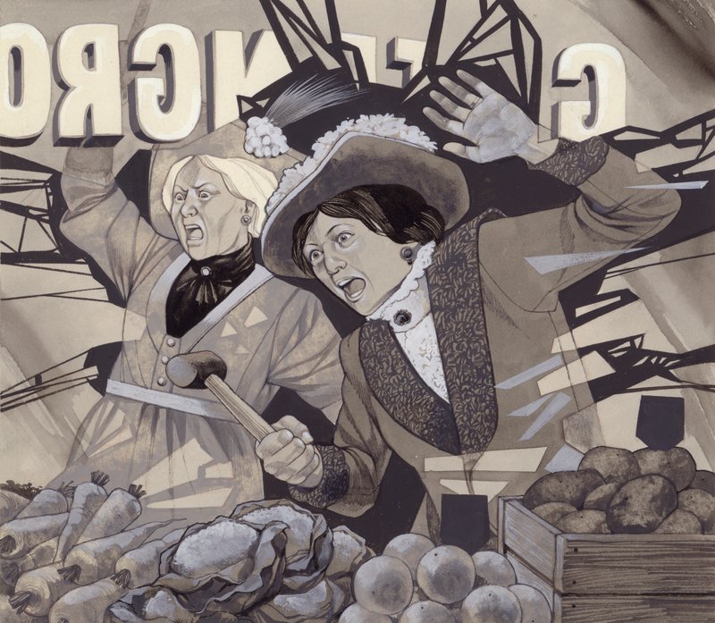 Szuffrazsettek ablakokat törnek be (gouache, papír) alkotó: Richard Hook