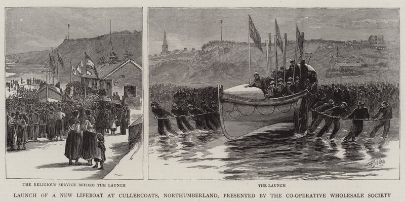 Egy új mentőcsónak vízre bocsátása a Northumberland állambeli Cullercoats-ban, a Co-Operative Wholesale Society bemutatása alkotó: Robert Jobling