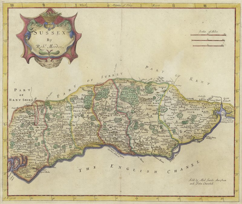 Sussex térképe (színes gravírozás) alkotó: Robert Morden