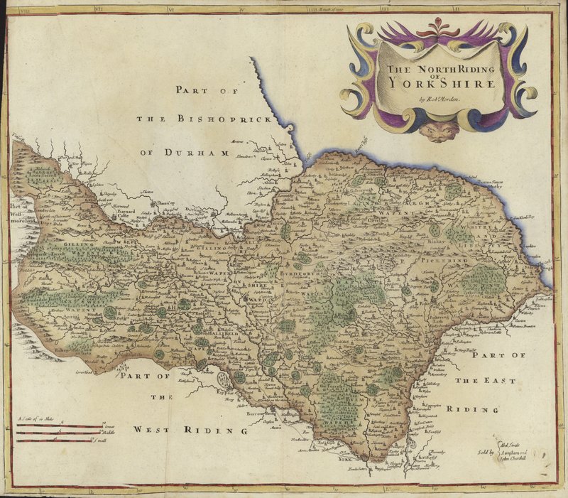 Yorkshire North Riding térképe (színes metszet) alkotó: Robert Morden