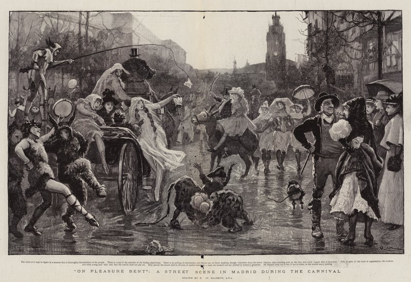 On Pleasure Bent, utcai jelenet Madridban a karnevál idején alkotó: Robert Walker Macbeth