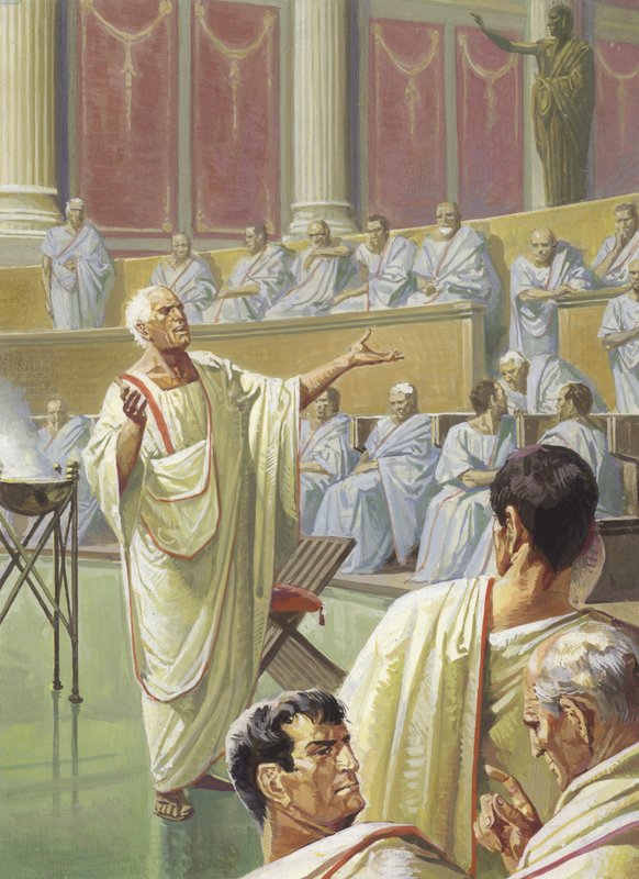 Cato figyelmezteti szenátusi kollégáit Karthágóról. alkotó: Severino Baraldi