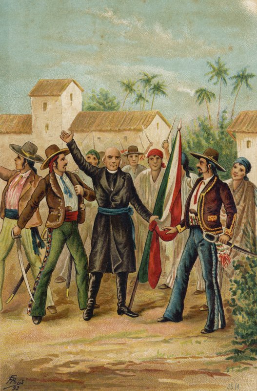 Miguel Hidalgo y Costilla katolikus pap 1809. szeptember 15-én kiadja a Grito de Dolores-t Mexikó függetlenségéért. alkotó: Spanish School