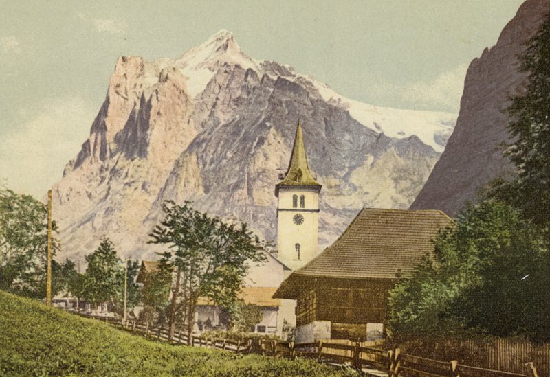 Berni Oberland: Grindelwald templommal (színes fotó) alkotó: Swiss Photographer