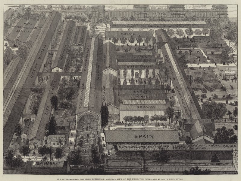 A Nemzetközi Halászati Kiállítás, a South Kensington-i kiállítási épületek általános nézete alkotó: Thomas Sulman
