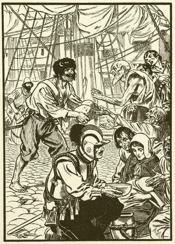 Az éhező polgárok etetése (metszet) alkotó: Thomas Heath Robinson