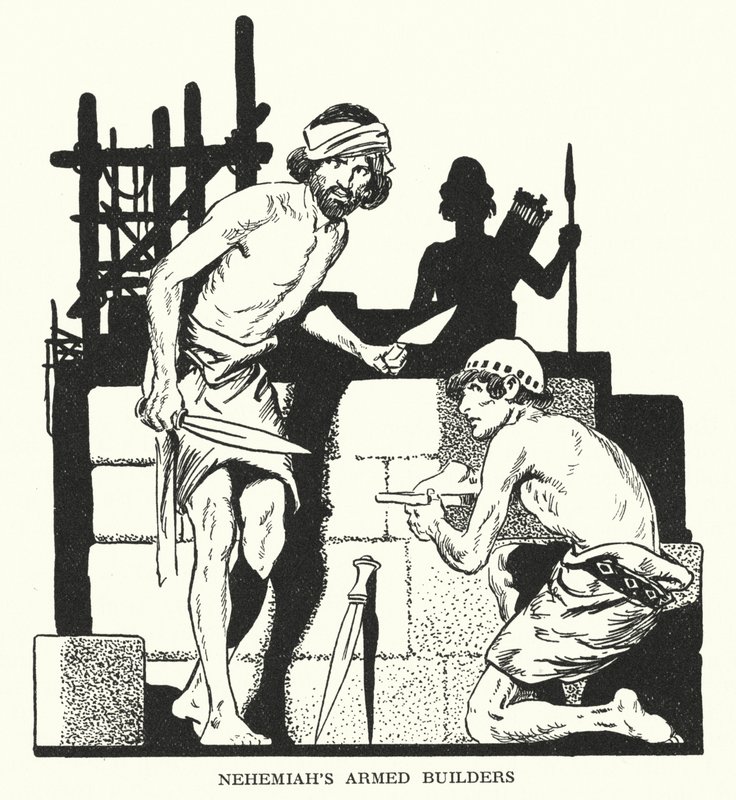 Nehémiás fegyveres építői (litográfia) alkotó: Thomas Heath Robinson