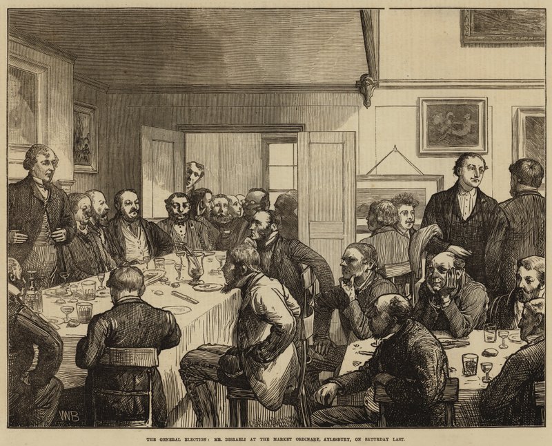 Az általános választás, Mr. Disraeli a Market Ordinaryban, Aylesburyben, múlt szombaton alkotó: Valentine Walter Lewis Bromley