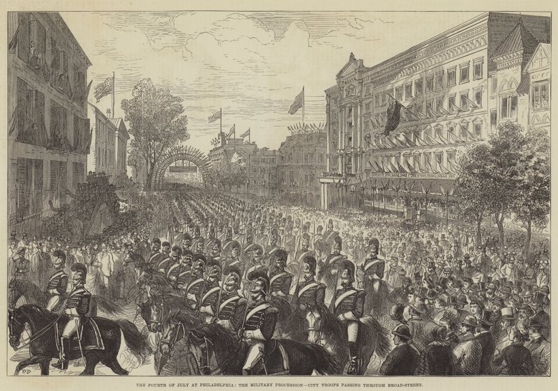 Július negyedike Philadelphiában, a katonai körmenet, a városi csapatok áthaladnak a Broad-Streeten alkotó: Walter Paget