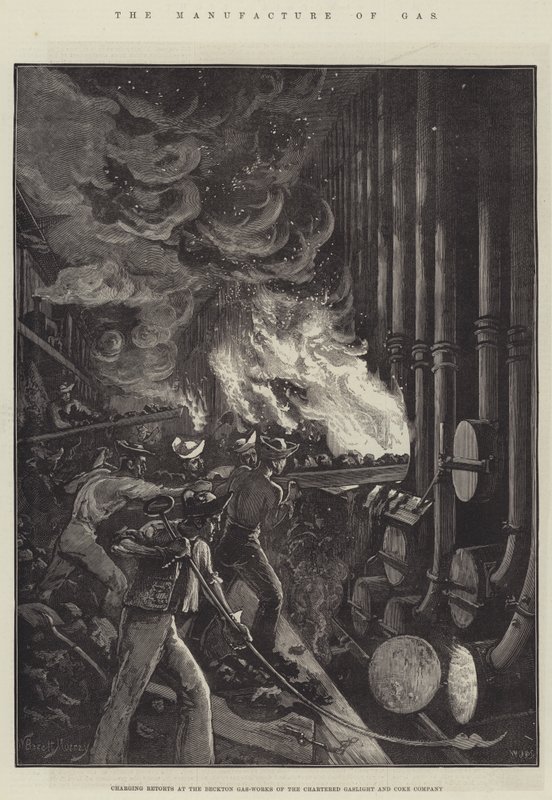 Gázgyártás, retorták feltöltése a Beckton Gázgyárban a Chartered Gaslight and Coke Company-nál alkotó: William Bazett Murray