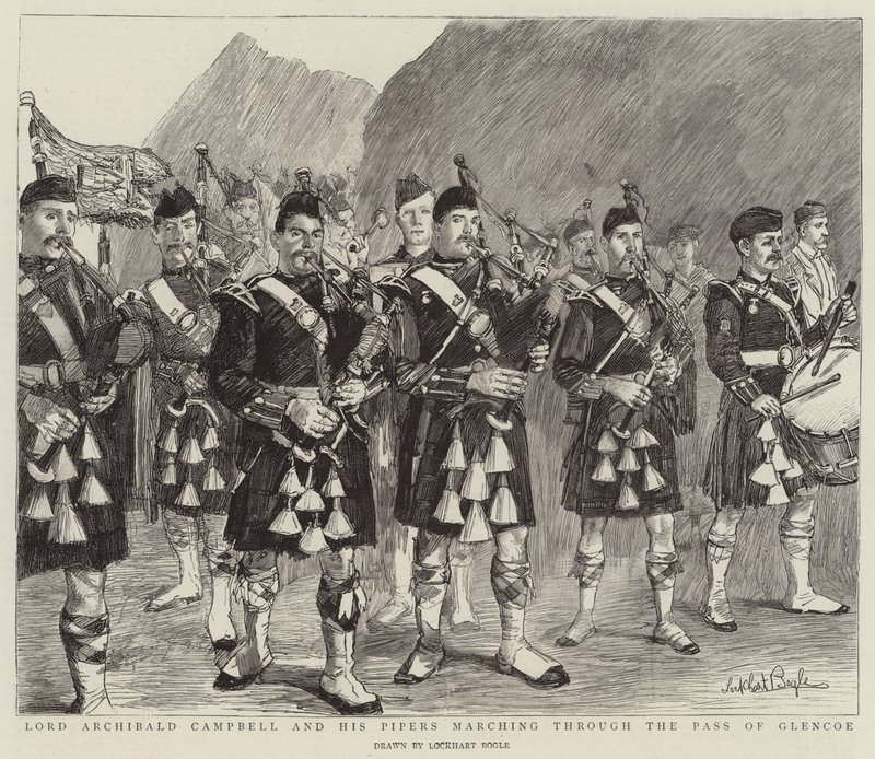 Lord Archibald Campbell és dudásai a Glencoe-hágón át vonulva alkotó: William Lockhart Bogle