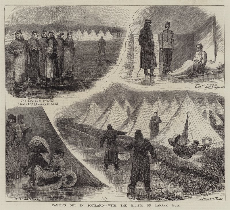 Kempingezés Skóciában, a milíciával a Lanark Muir-on alkotó: William Ralston
