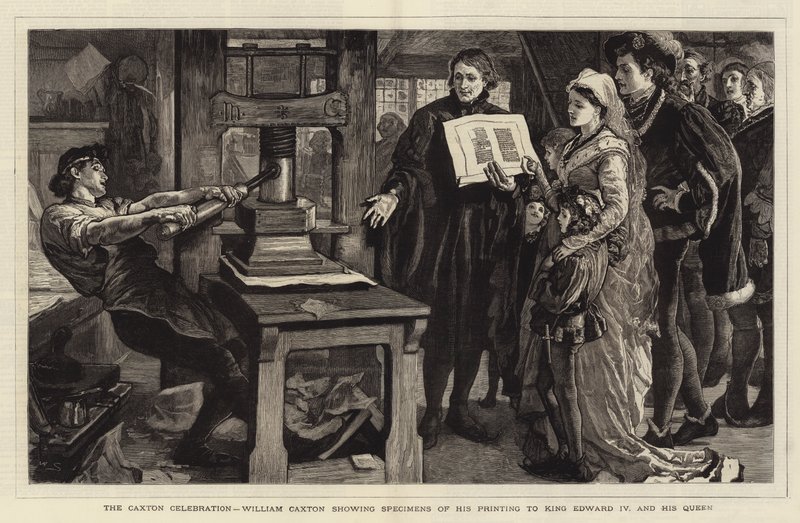 A caxtoni ünnepség, William Caxton nyomtatott példányait mutatja IV. Edward királynak és királynőjének alkotó: William Small