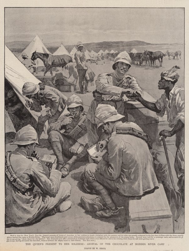 A királynő ajándéka katonáinak, a csokoládé érkezése a Modder River táborba alkotó: William Small