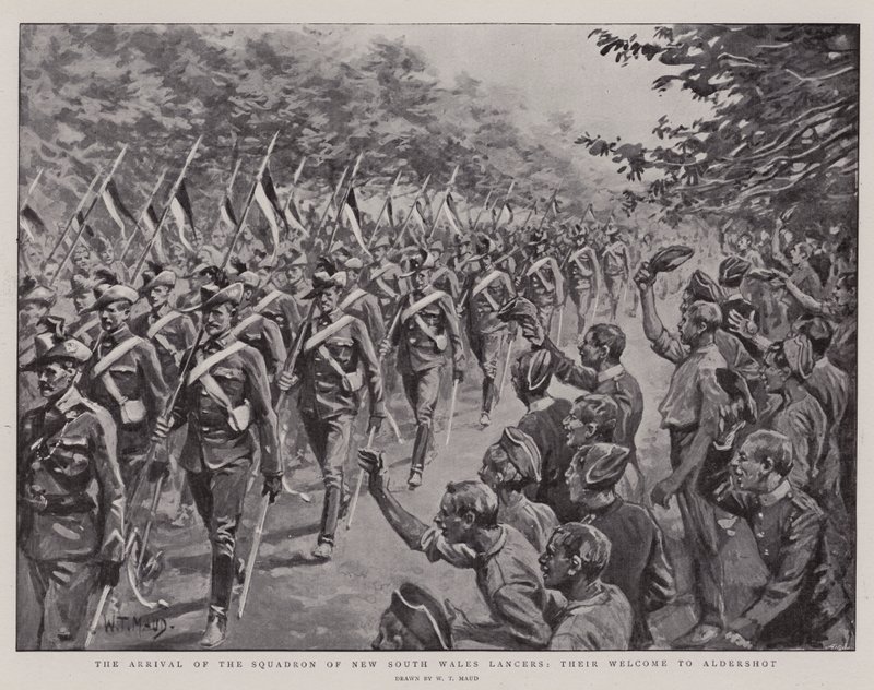A New South Wales Lancers Squadron érkezése, üdvözlöm Aldershotban alkotó: William T. Maud