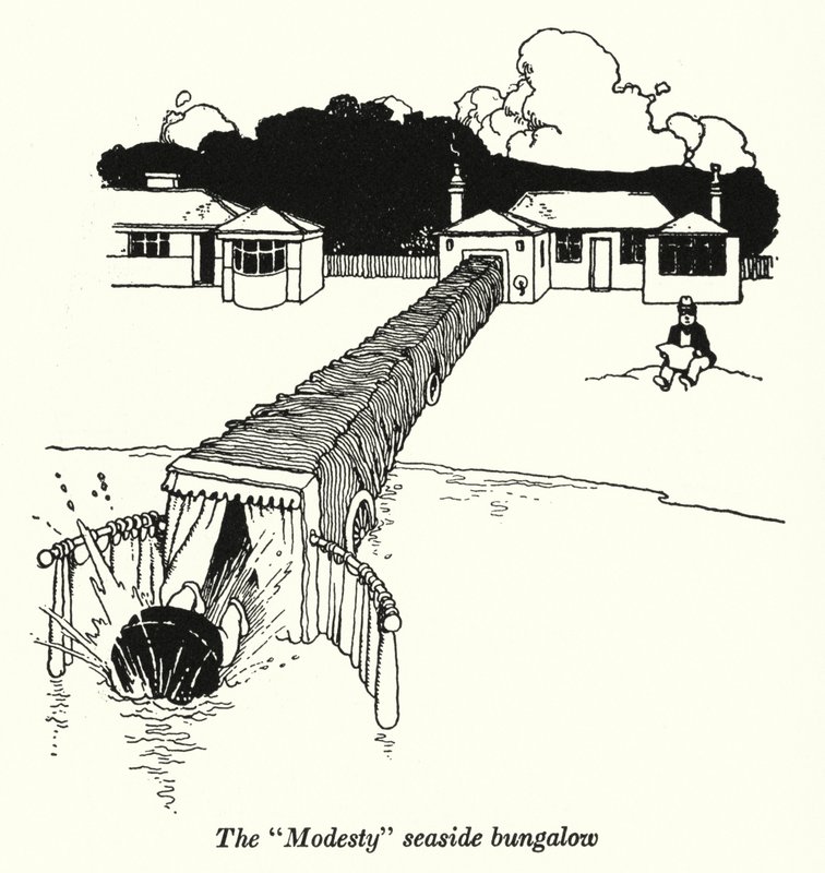 A "Modesty" tengerparti bungaló (litho) alkotó: William Heath Robinson