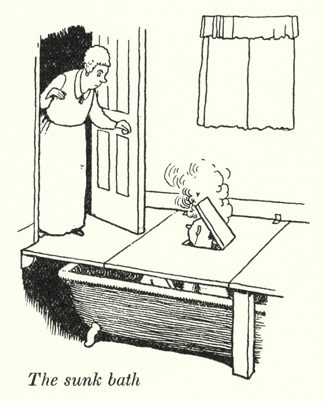 A süllyesztett fürdő (litho) alkotó: William Heath Robinson