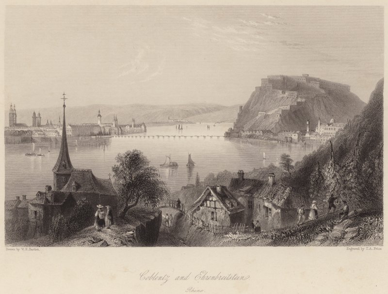 Coblentz és Ehrenbreitstein (metszet) alkotó: William Henry (after) Bartlett