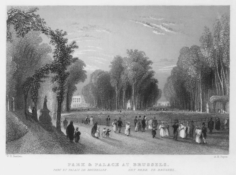 Park és palota Brüsszelben (metszet) alkotó: William Henry Bartlett