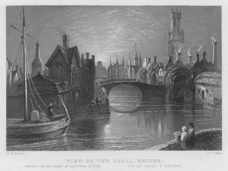 Kilátás a csatornára, Bruges (metszet) alkotó: William Henry Bartlett